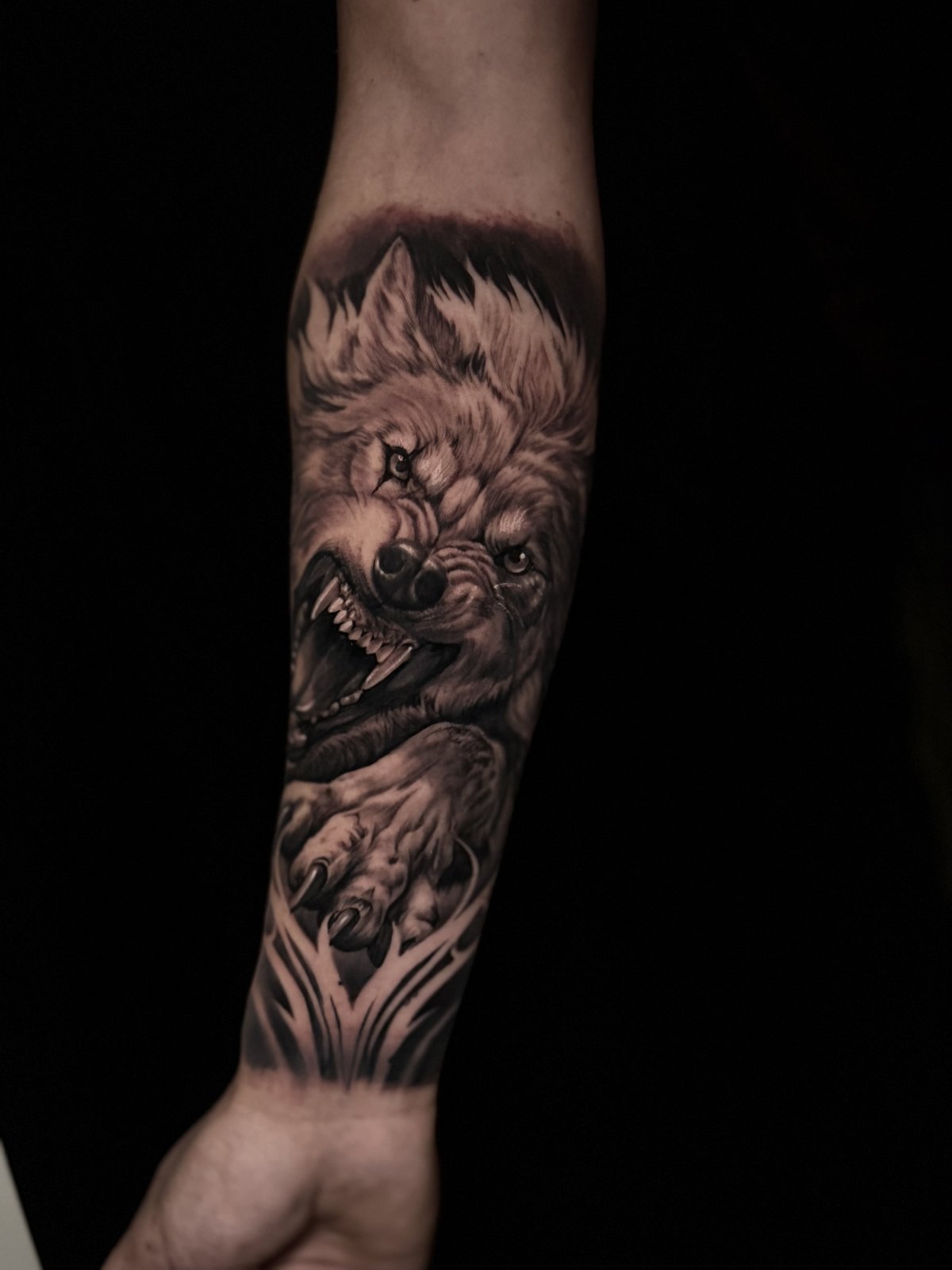 Tattoo work by Alejandro Campos — Wolf forearm realism