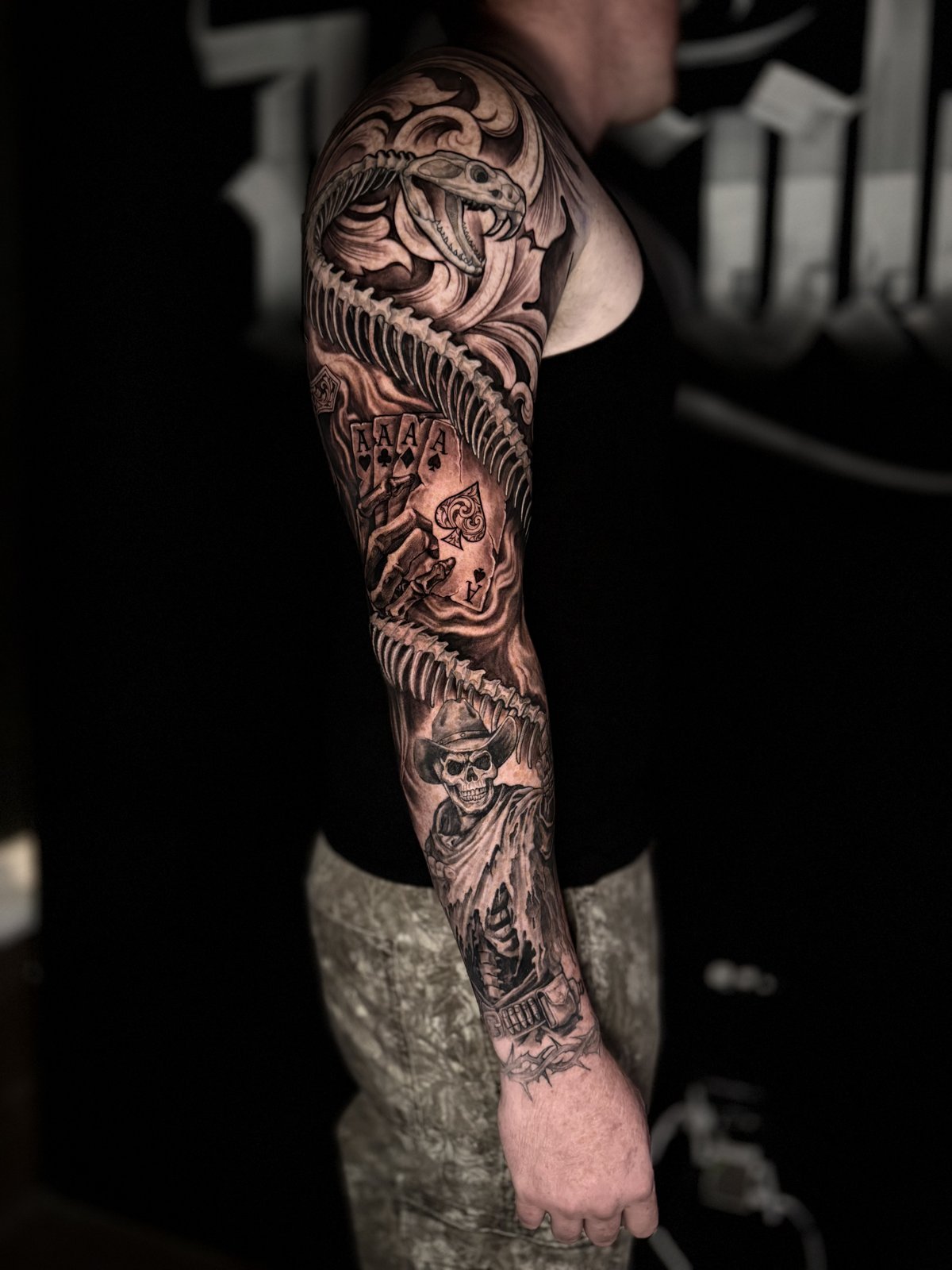 Tattoo work by Alejandro Campos — Skeleton & aces full sleeve