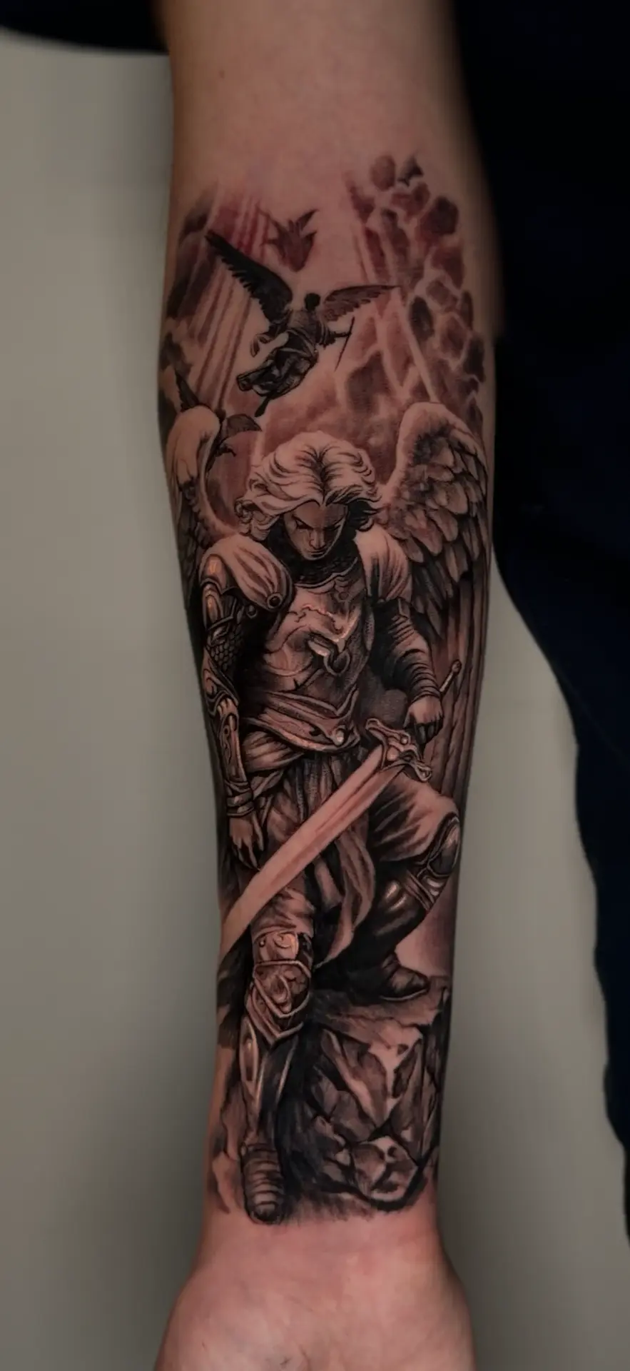 Tattoo work by Alejandro Campos — Archangel forearm sleeve