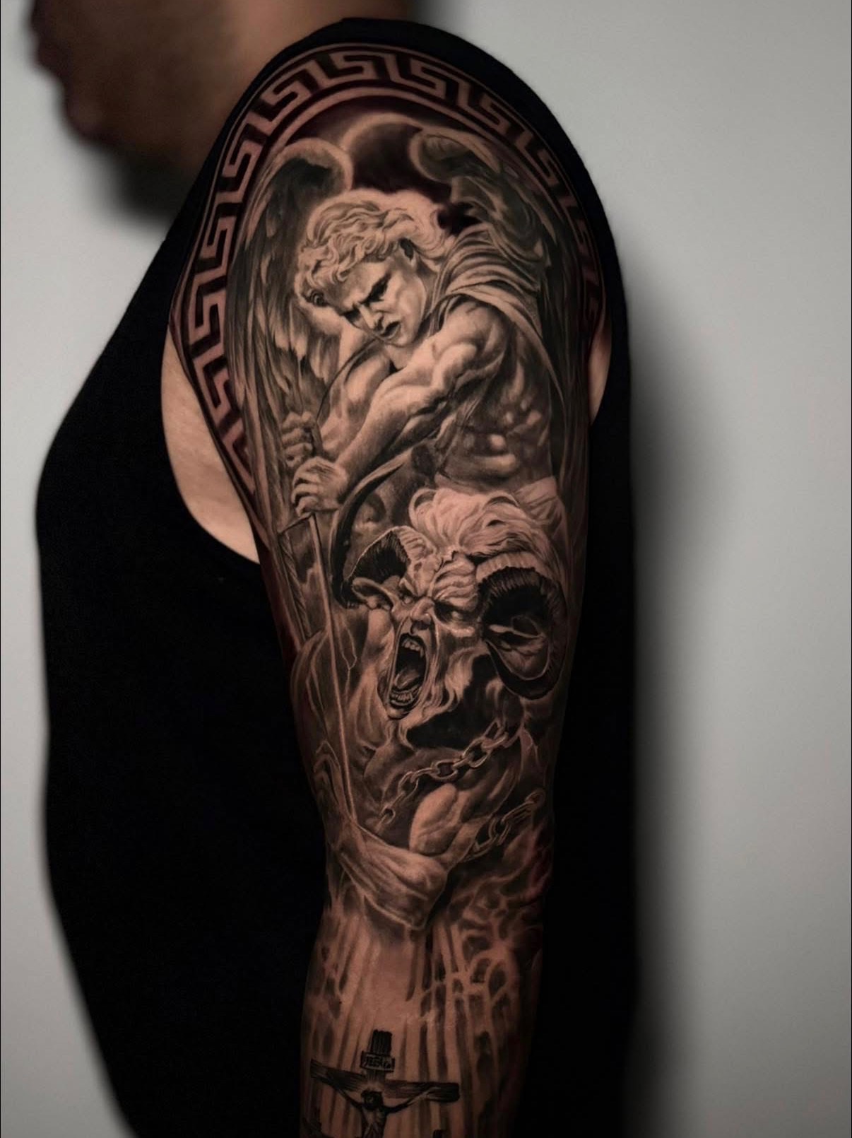 Tattoo work by Alejandro Campos — Angel vs demon half sleeve